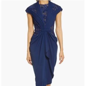 TADASHI SHOJI LACE INSET CAP SLEEVE NAVY COCKTAIL DRESS sz M A 20